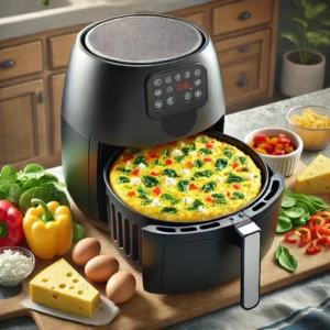 an-air-fryer-on-a-kitchen-countertop-alongside-ingredients-for-an-Air-Fryer-Breakfast-Frittata.-The-scrambled-eggs