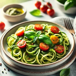 Plate of zucchini noodles with pesto sauce and cherry tomatoes, garnished with fresh basil leaves. The dish looks vibrant and fresh, highlighting the bright colors and texture of the ingredients in natural light