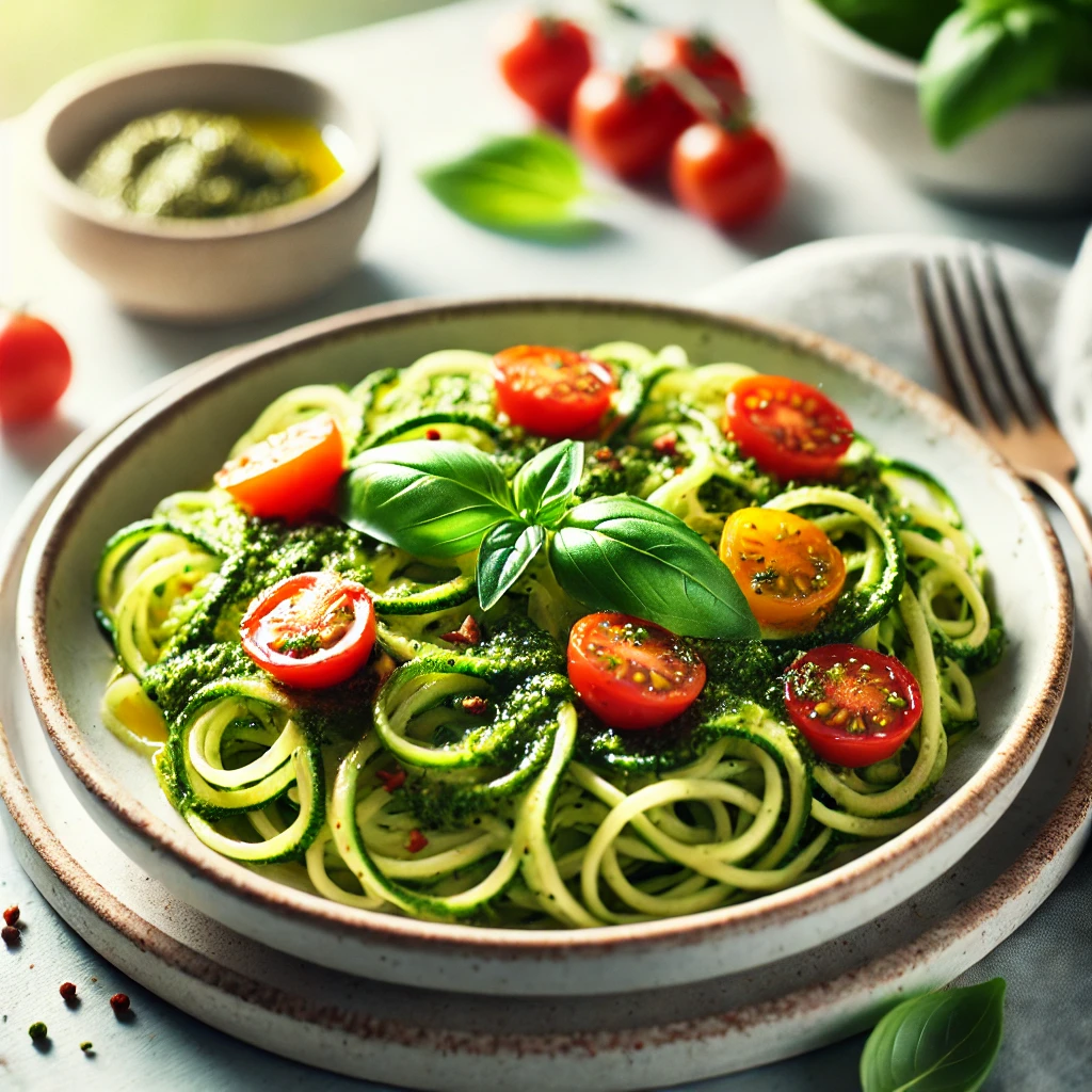 Plate of zucchini noodles with pesto sauce and cherry tomatoes, garnished with fresh basil leaves. The dish looks vibrant and fresh, highlighting the bright colors and texture of the ingredients in natural light