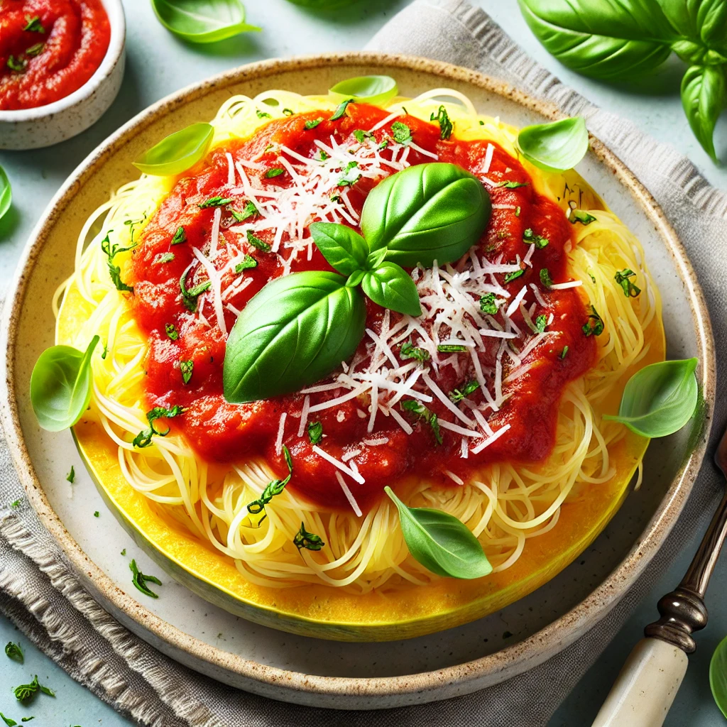 Low calorie pasta recipes: Side view of a plate of spaghetti squash topped with marinara sauce, garnished with grated Parmesan cheese and fresh basil leaves. The dish looks inviting, highlighting the golden squash strands and rich red sauce in a natural setting