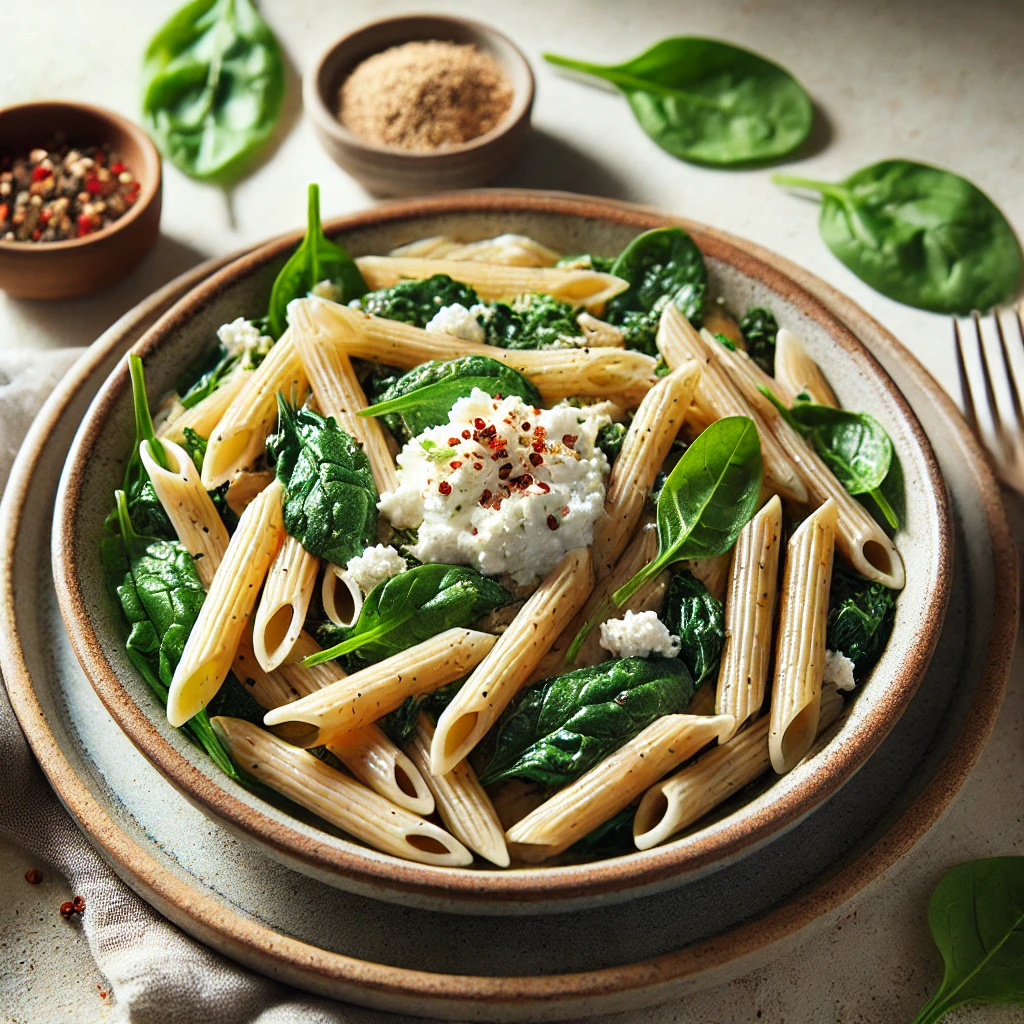 Low calorie pasta recipes: Whole wheat penne pasta with fresh spinach and creamy ricotta cheese, garnished with red pepper flakes. The dish looks healthy and vibrant, showcasing a nutritious, comforting meal