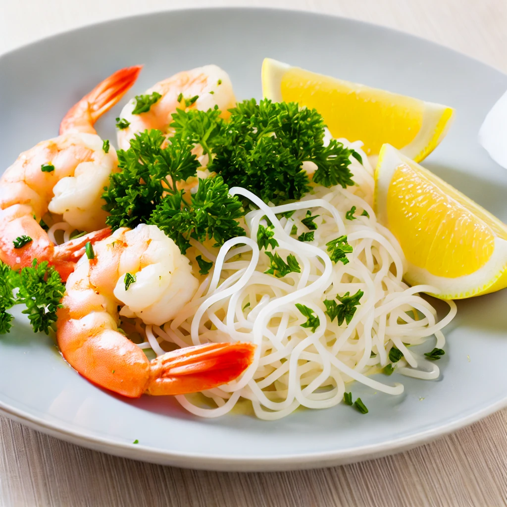 Low calorie pasta recipes: Shrimp scampi with shirataki noodles, garnished with fresh parsley and lemon wedges. A healthy, light dish with juicy shrimp and tender noodles in a bright, natural setting.