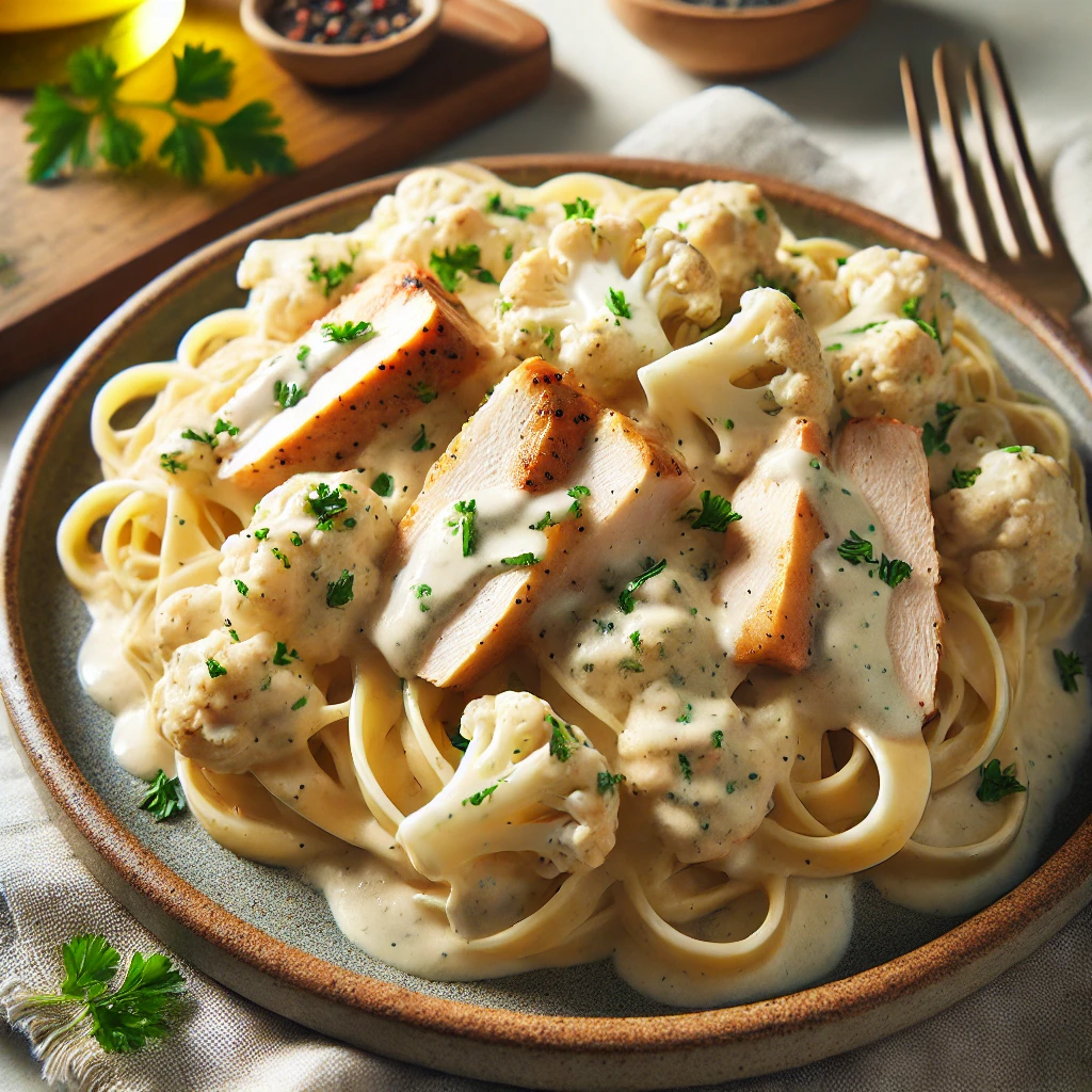 Low calorie pasta recipes: Chicken Alfredo with creamy cauliflower sauce served over whole wheat fettuccine, garnished with fresh parsley. A comforting, healthy dish in a natural setting