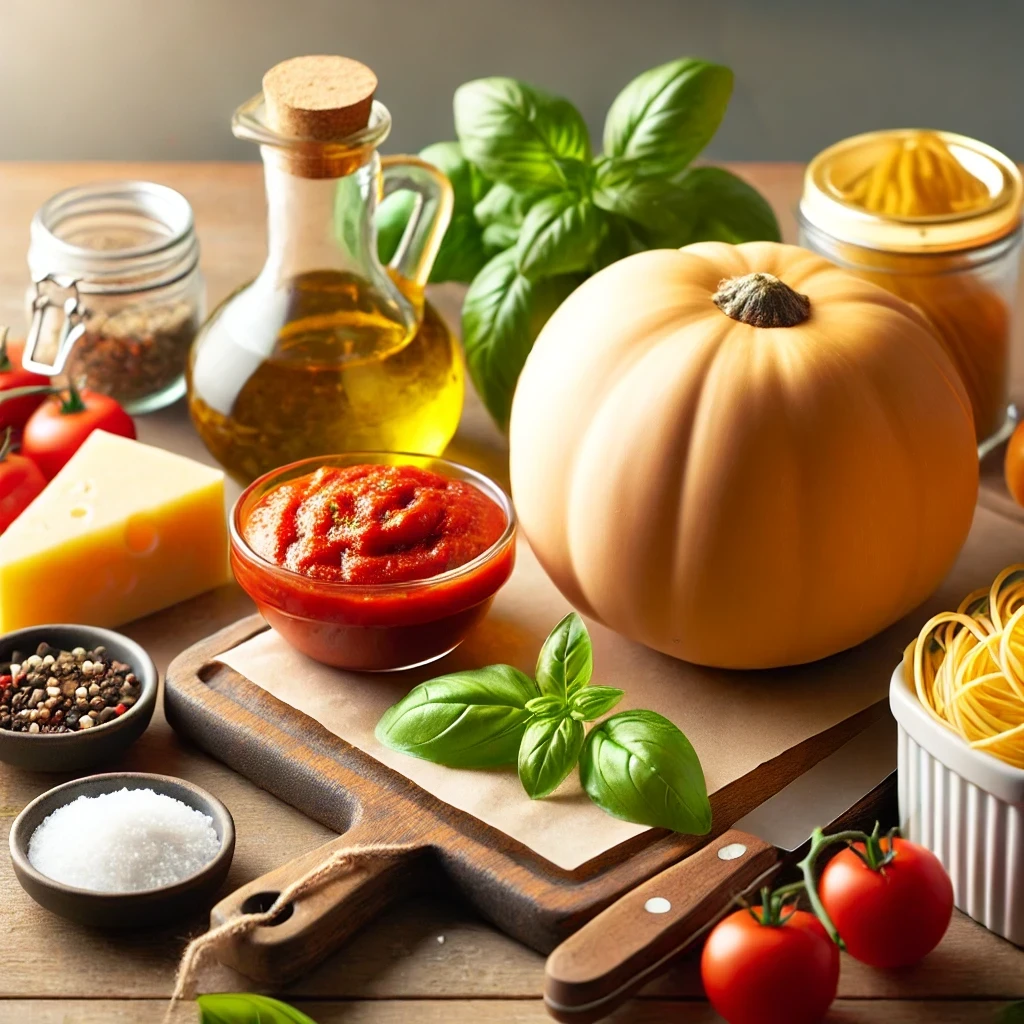 ide view of ingredients for spaghetti squash with marinara sauce. Includes a whole spaghetti squash, a jar of marinara sauce, fresh basil leaves, grated Parmesan cheese, olive oil, salt, ground black pepper, fresh garlic cloves, and a different type of squash on a wooden kitchen countertop with warm natural lighting