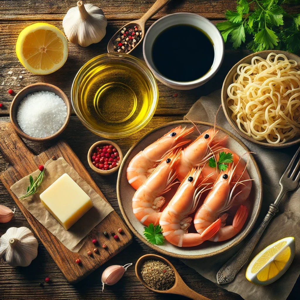 Side view of ingredients for shrimp scampi with shirataki noodles, featuring peeled shrimp, shirataki noodles, olive oil, garlic cloves, a cup of chicken broth, lemon half, butter, salt and black pepper, red pepper flakes, and fresh parsley, all arranged on a rustic wooden surface in natural light