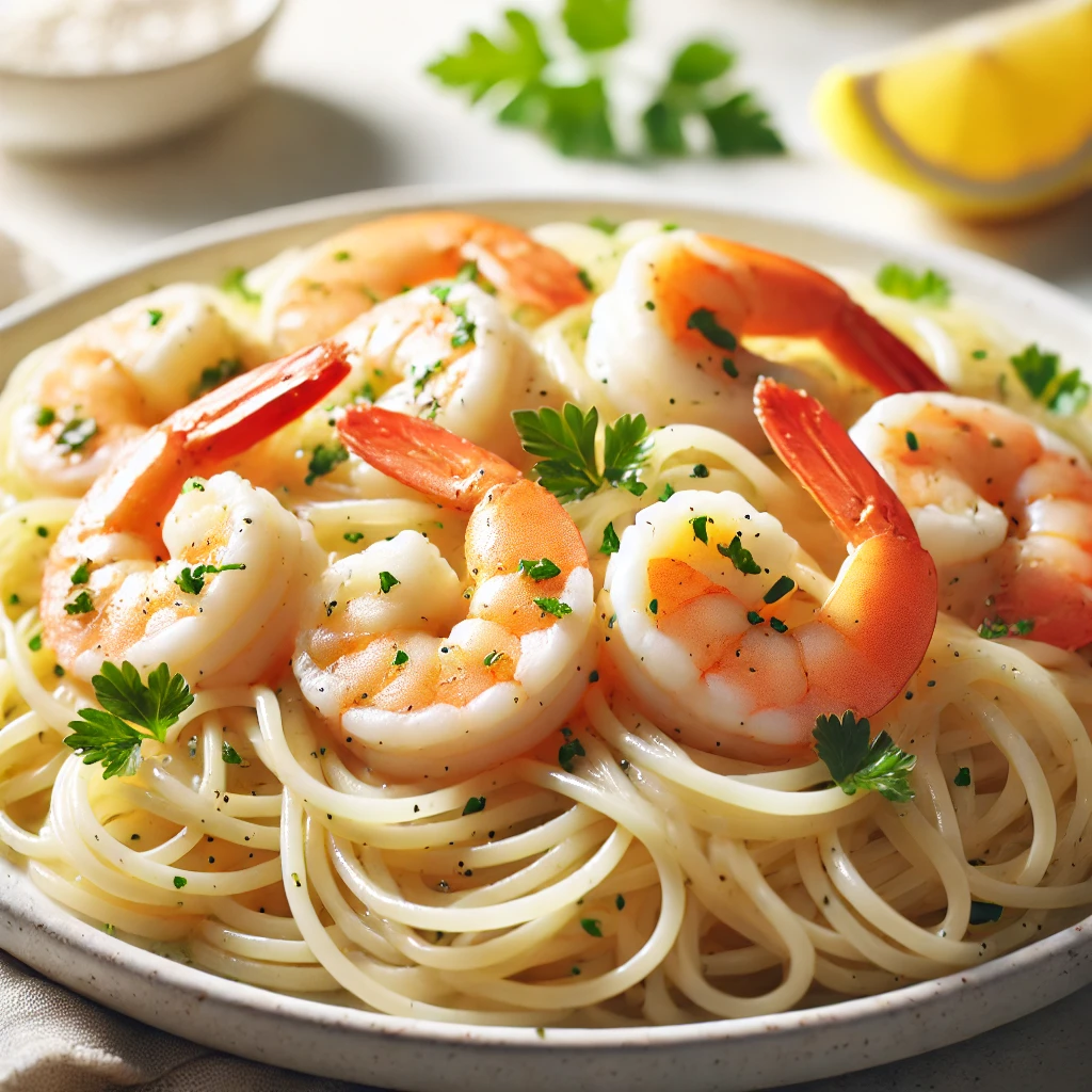 Side view of fresh ingredients for a low-calorie shrimp scampi with shirataki noodles recipe. Includes peeled shrimp, shirataki noodles in a bowl, garlic cloves, a cup of chicken broth, a lemon half, olive oil, butter, a small bowl of salt and black pepper, red pepper flakes, and fresh parsley, all arranged on a rustic wooden surface with natural light highlighting each item