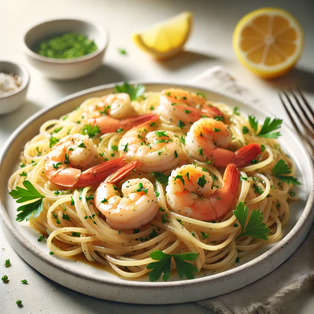 oomed-out view of a low-calorie shrimp scampi with shirataki noodles, served on a white plate. The noodles are coated in a garlic-butter sauce, topped with golden shrimp and garnished with parsley and a lemon wedge. The rustic table setting enhances the inviting, fresh presentation