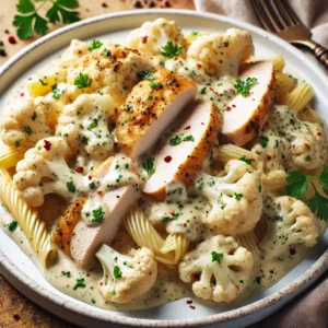 Plate of Chicken Alfredo with Cauliflower Sauce featuring tender chicken slices on whole-grain pasta, topped with a creamy cauliflower sauce, fresh parsley, and red pepper flakes. Served on a white plate with a rustic background, highlighting the creamy texture and vibrant garnish.