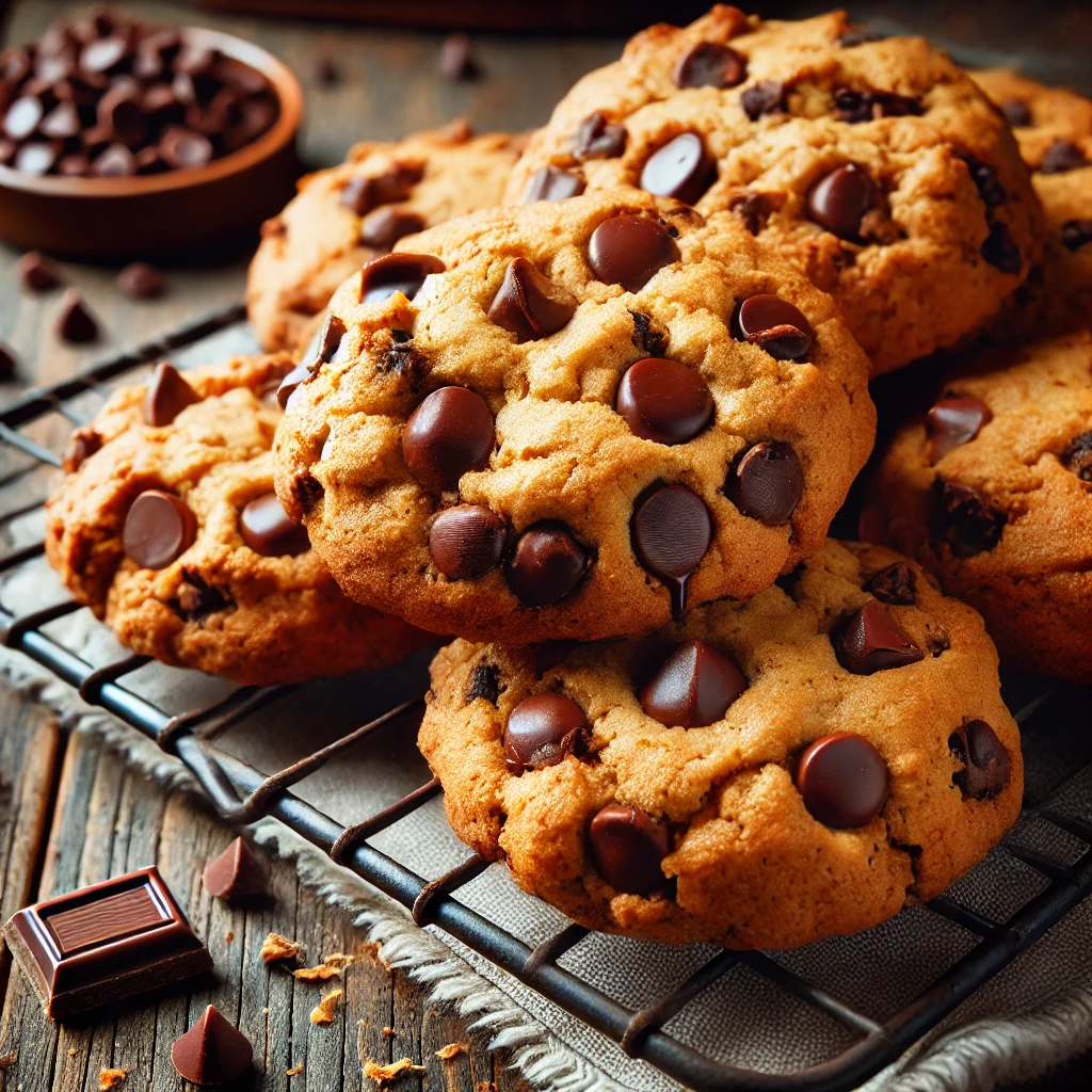 A zoomed-out view of golden brown gluten-free chocolate chip cookies arranged on a rustic plate on a wooden table. The cookies have visible, slightly melted chocolate chips, with crumbs scattered around for a homemade look. The background includes warm kitchen decor elements, adding a cozy and inviting atmosphere.