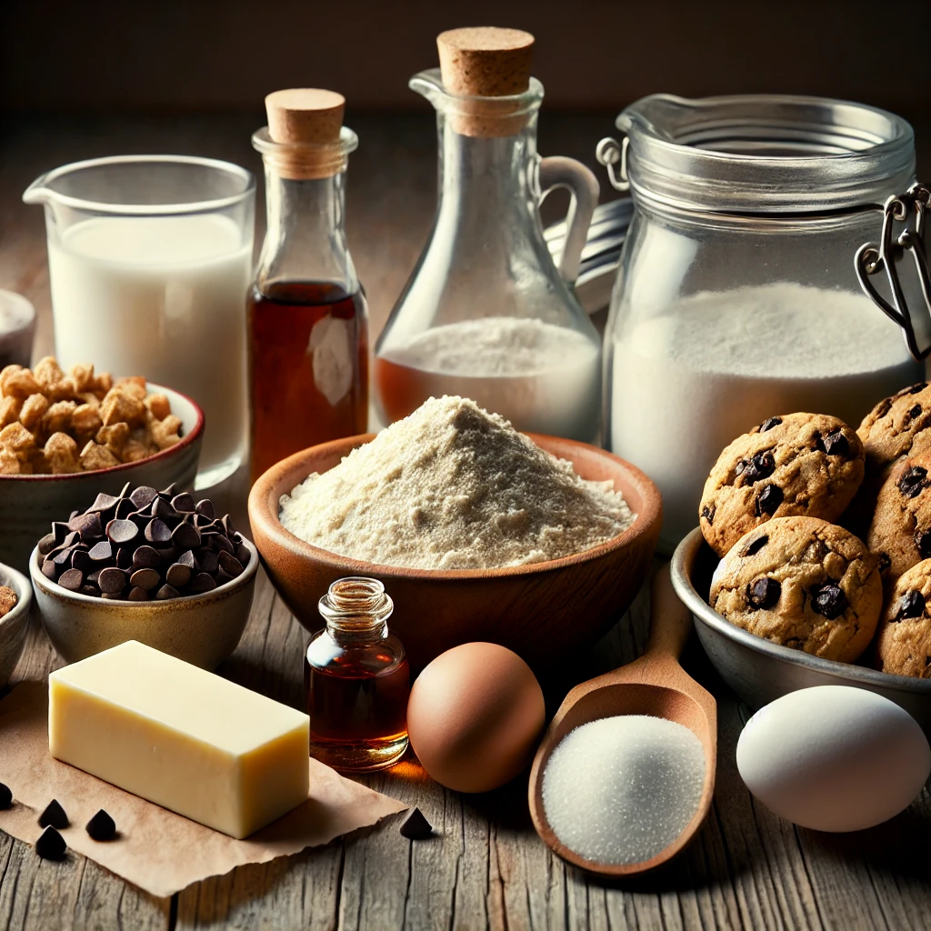 Side view of ingredients for gluten-free chocolate chip cookies, arranged on a rustic wooden surface. The ingredients include a bowl of gluten-free flour, softened butter, brown and white sugar in small bowls, a whole egg, vanilla extract in a small glass bottle, dark chocolate chips, baking soda, and a pinch of salt. The scene has warm, inviting lighting for a cozy, homestyle feel