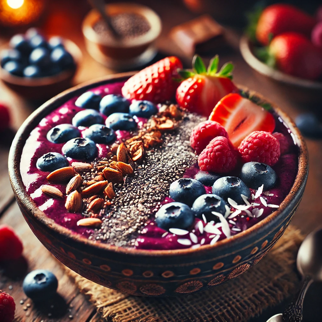 Overhead view of a low-sugar acai bowl on a rustic wooden table, with a thick, deep purple acai base. The bowl is topped with fresh blueberries, chia seeds, unsweetened coconut flakes, dark chocolate shavings, and a drizzle of almond butter. Scattered ingredients and warm lighting create a cozy, homestyle breakfast atmosphere.