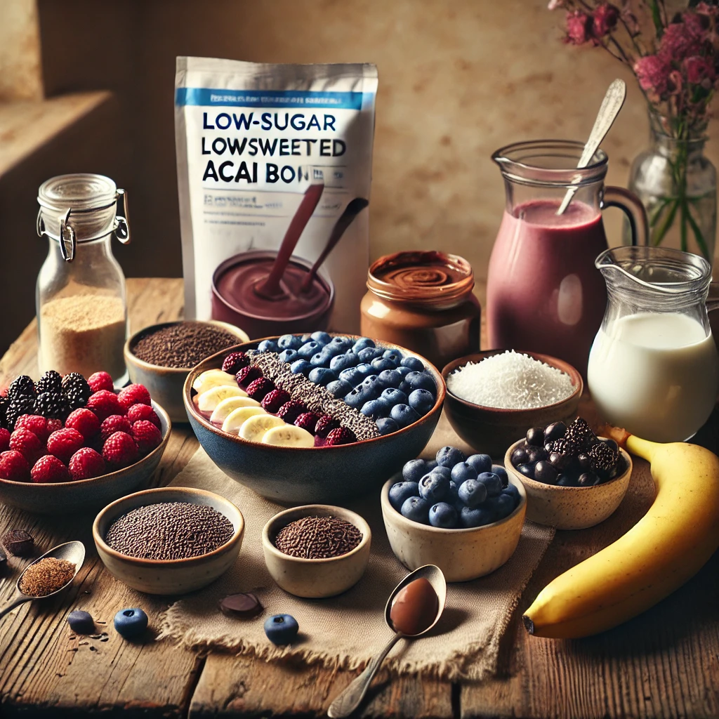 ingredients for a low-sugar acai bowl on a rustic wooden table. Ingredients include an unsweetened acai packet, mixed berries (blueberries and raspberries), a banana, non-dairy milk, chia or flaxseeds, unsweetened coconut flakes, dark chocolate shavings, and peanut butter. The setup is cozy with warm lighting, creating a homestyle breakfast preparation scene