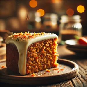 Zoomed-out view of a slice of healthy, gluten-free, sugar-free carrot cake on a rustic plate. The moist cake slice with visible grated carrots and a creamy frosting sits on a wooden table, surrounded by cozy, warm lighting, creating an inviting, homestyle dessert scene