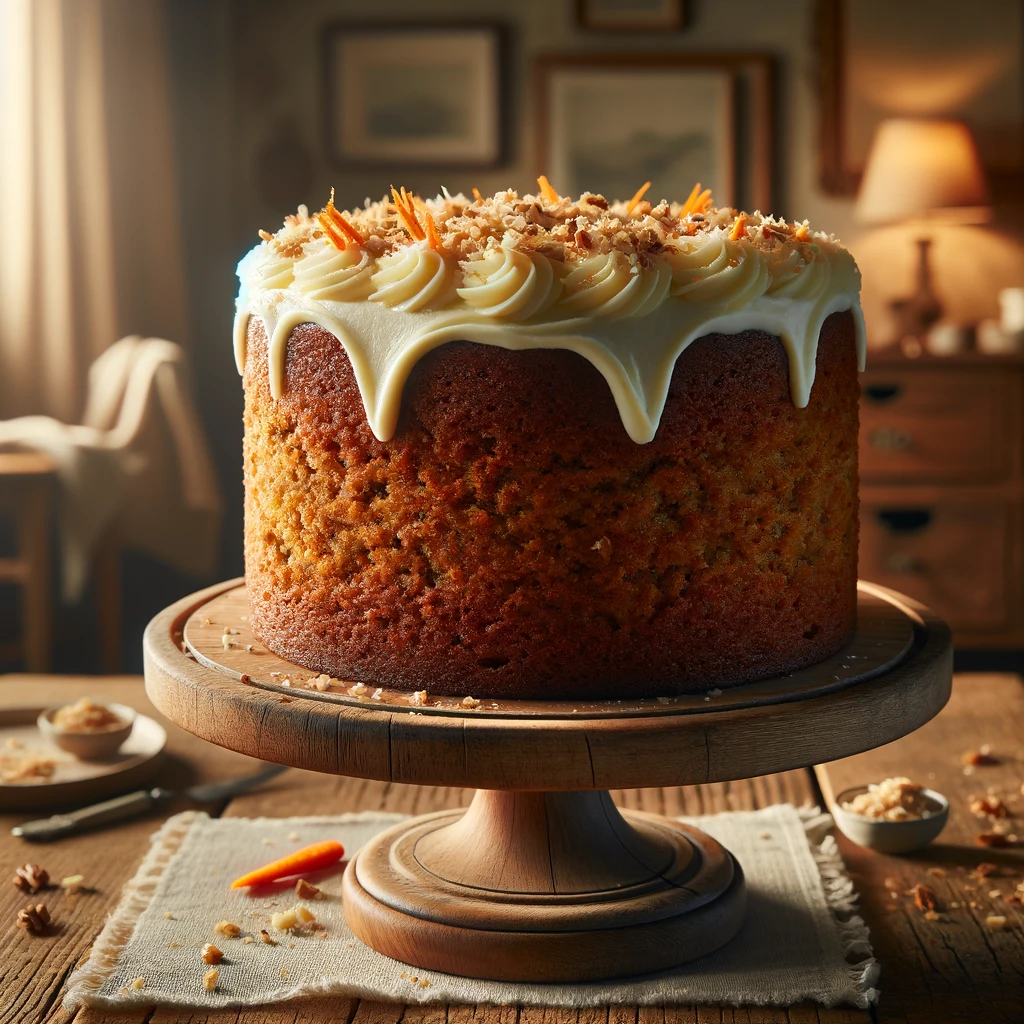 Zoomed-out side view of a whole healthy, gluten-free, sugar-free carrot cake on a rustic cake stand. The cake is topped with creamy frosting and garnished with a light sprinkle of chopped nuts and shredded carrots. Set on a wooden table with warm, cozy lighting, creating an inviting, homestyle dessert scene