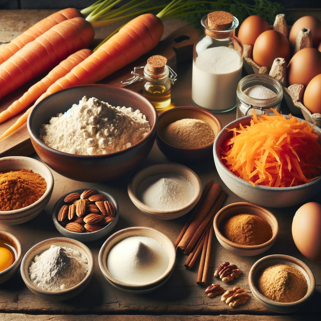 Side view of ingredients for a healthy gluten-free, sugar-free carrot cake on a rustic wooden table. Ingredients include almond flour, coconut flour, grated carrots, eggs, small dishes of baking powder and baking soda, cinnamon sticks, ground nutmeg, vanilla extract, and chopped walnuts. The setup is warm and cozy, creating an inviting homestyle baking scene.