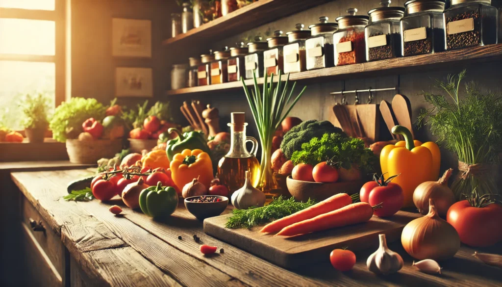 A side-view shot of a variety of colorful vegetables and cooking ingredients on a wooden counter in a cozy kitchen