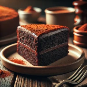 Side view of ingredients for a sugar-free dark chocolate cake arranged on a rustic wooden table. Ingredients include coconut flour, cocoa powder, melted dark chocolate, natural sweetener, three eggs, vanilla extract, and small bowls of baking powder and baking soda. The scene is cozy and warm, creating a homestyle baking atmosphere.