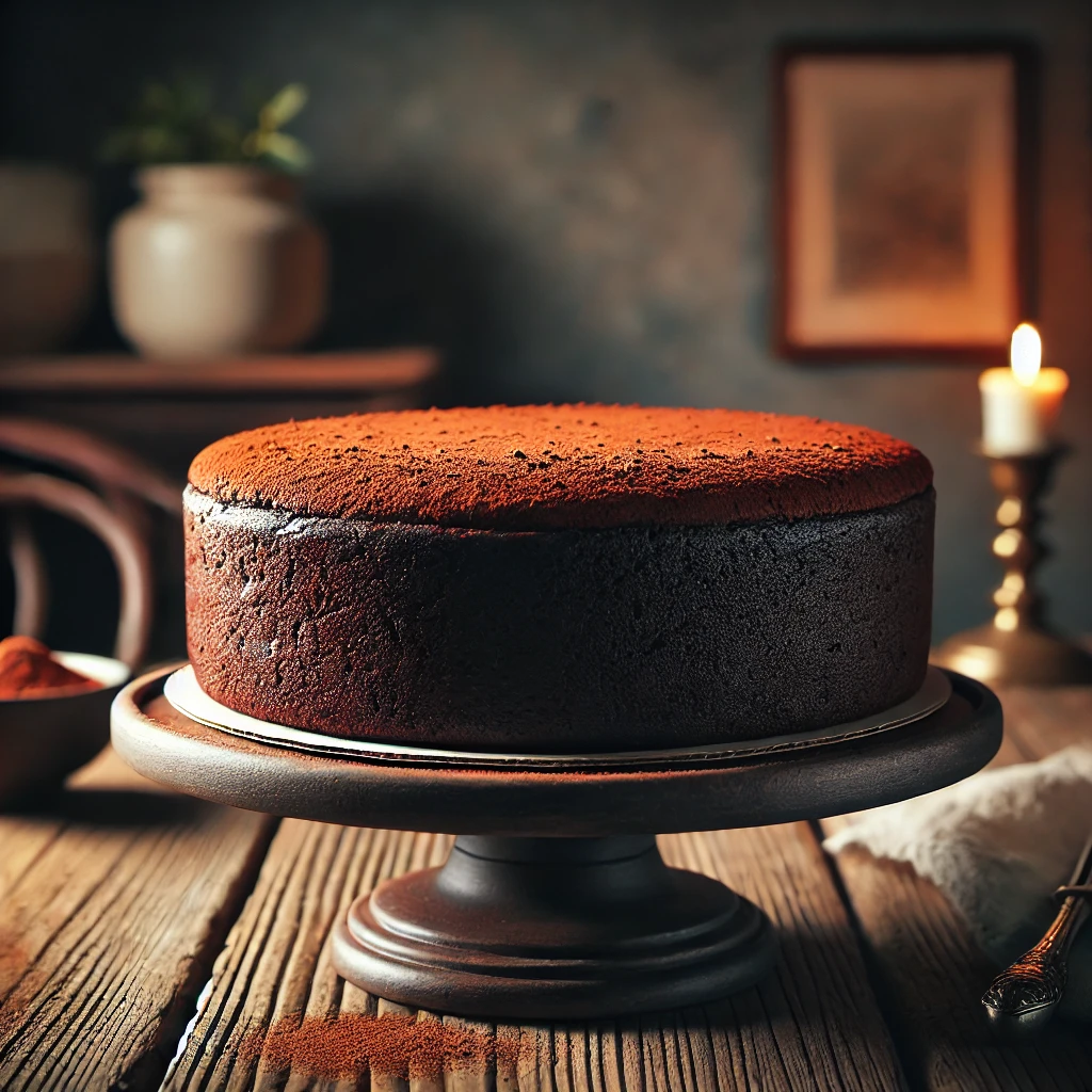 Side view of a whole sugar-free dark chocolate cake on a rustic cake stand. The cake has a rich, dark, and moist texture with a light dusting of cocoa powder on top. It sits on a wooden table with warm lighting, surrounded by subtle decor that creates a cozy, homestyle dessert scene