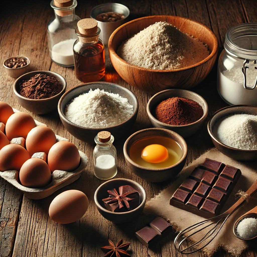 ingredients for a sugar-free dark chocolate cake on a rustic wooden table. Ingredients include a bowl of coconut flour, cocoa powder, melted dark chocolate, natural sweetener, three eggs, vanilla extract, and small bowls with baking powder and baking soda. Warm lighting creates a cozy, homestyle baking setup.