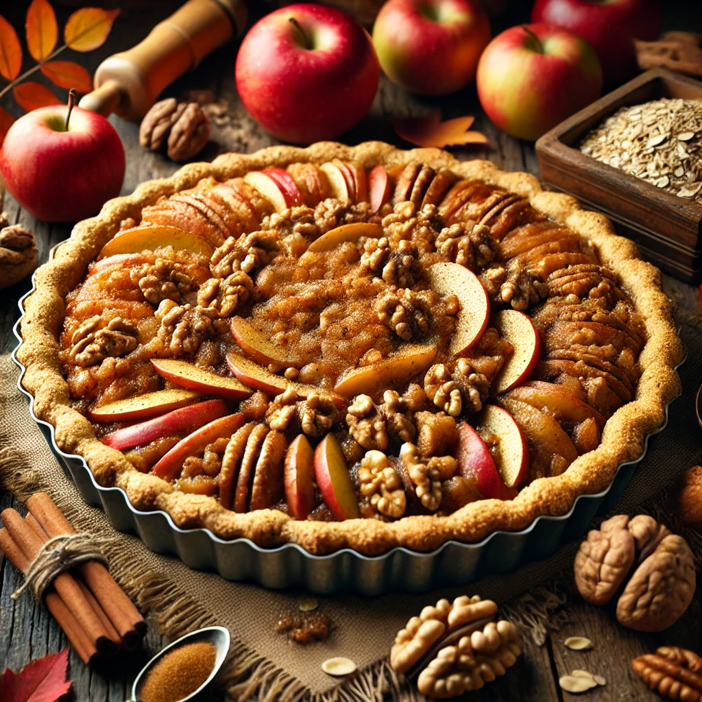 An entire no-bake gluten-free apple pie set on a rustic wooden table, featuring a thick oat and almond crust filled with spiced, chunky apple filling, topped with chopped walnuts and a sprinkle of cinnamon. The pie is surrounded by autumn decor including apples, cinnamon sticks, and fallen leaves, creating a warm and cozy fall ambiance