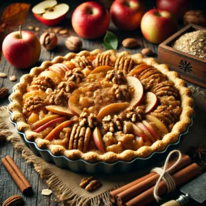 no-bake gluten-free apple pie set on a rustic wooden table, cinnamon sticks, and fallen leaves, creating a warm and cozy fall ambiance.