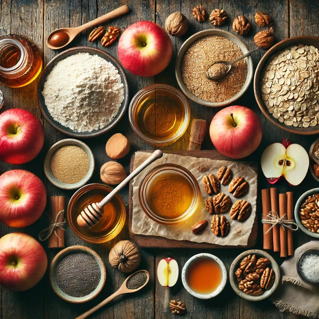 A neatly arranged display of ingredients for a no-bake gluten-free apple pie on a rustic wooden surface, featuring almond flour, melted coconut oil, maple syrup, cinnamon sticks, four whole apples, nutmeg, honey, chia seeds, vanilla extract, and chopped walnuts or pecans. Warm, cozy lighting adds an autumnal ambiance