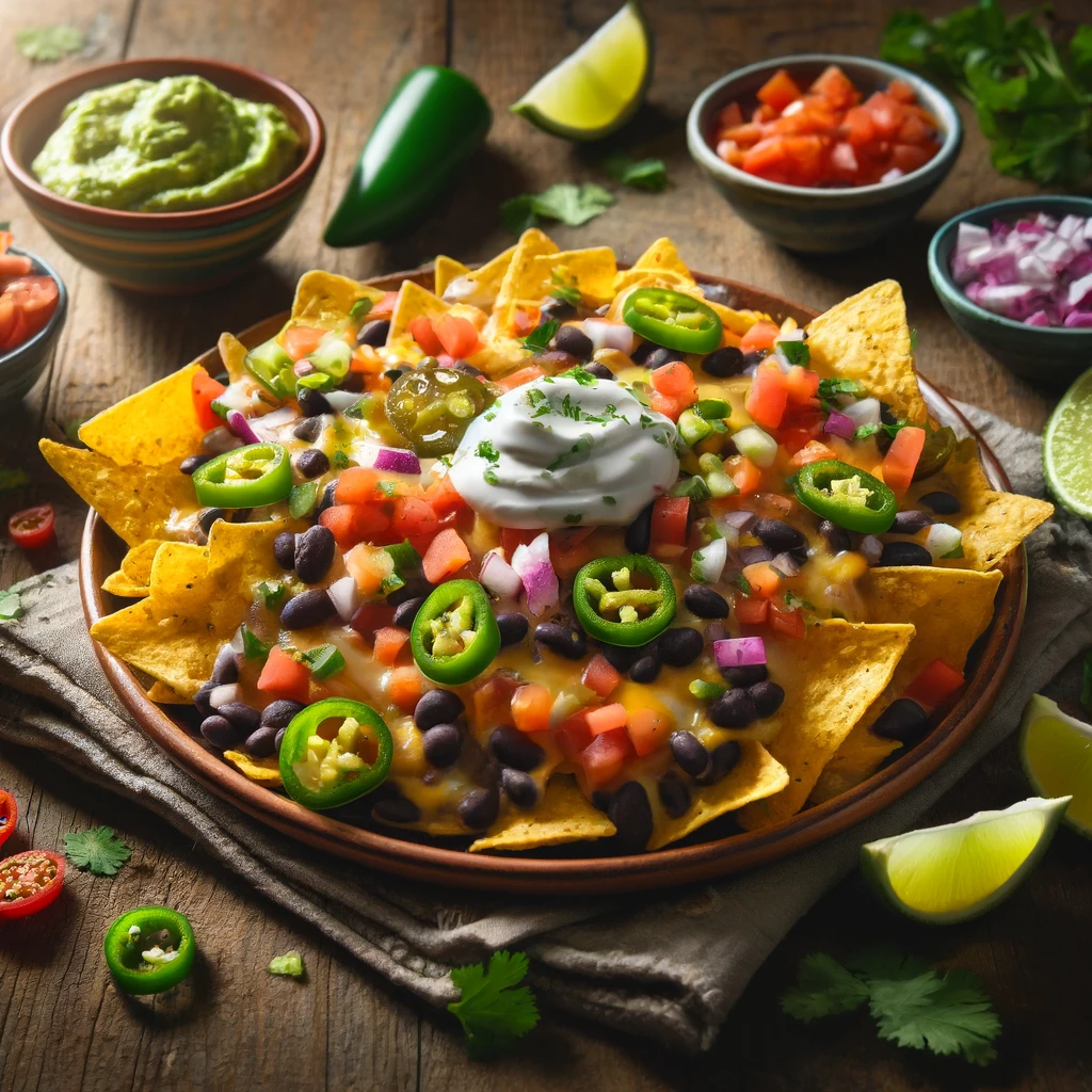 A plate of loaded vegetarian nachos recipe on a rustic wooden table, topped with melted cheese, black beans, diced tomatoes, bell peppers, red onions, and sliced jalapeños. Garnished with fresh cilantro, dollops of guacamole and sour cream, and lime wedges on the side, creating a colorful and appetizing presentation