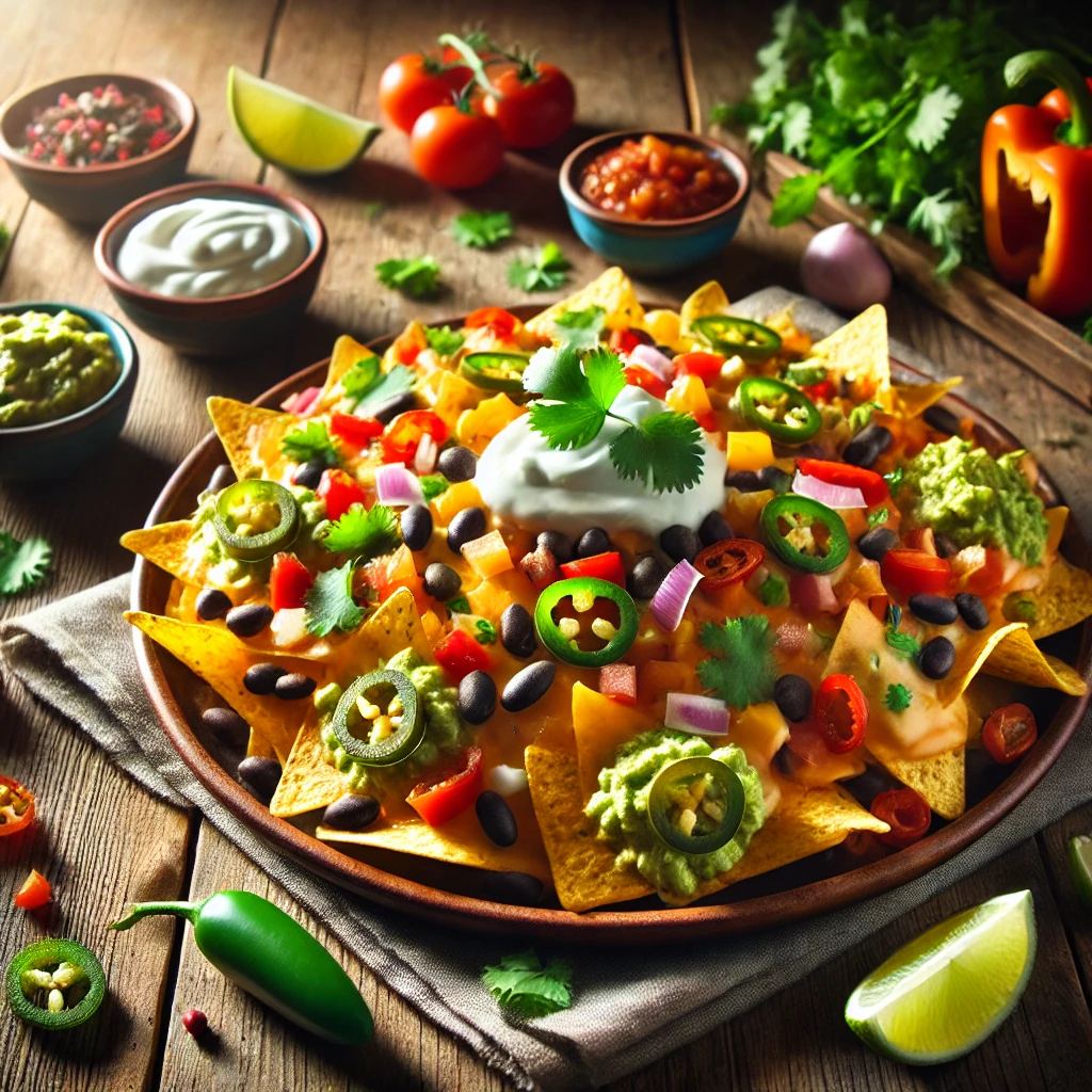 A vibrant, angled view of vegetarian nachos on a rustic wooden table, topped with melted cheese, black beans, diced tomatoes, bell peppers, red onions, and jalapeño slices. Garnished with fresh cilantro, dollops of guacamole, sour cream, and lime wedges, with warm lighting and scattered ingredients for a cozy presentation