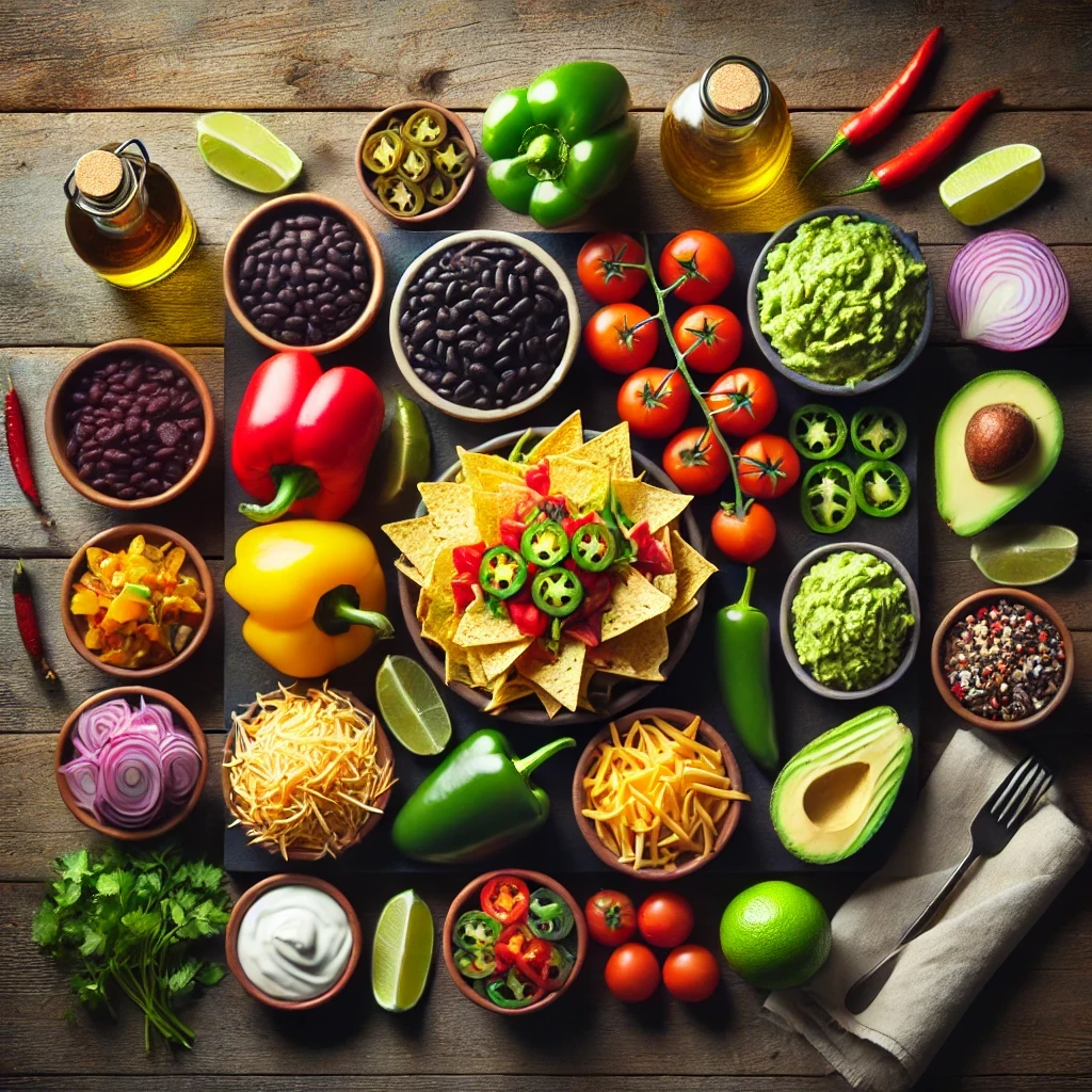 A well-organized display of ingredients for vegetarian nachos on a rustic wooden table, featuring black beans, colorful bell peppers, diced tomatoes, shredded cheese, jalapeño slices, red onion, fresh cilantro, guacamole in a small bowl, sour cream in a small bowl, lime wedges, and a bottle of olive oil in one corner. Each item is arranged neatly to highlight the vibrant colors and inviting presentation.