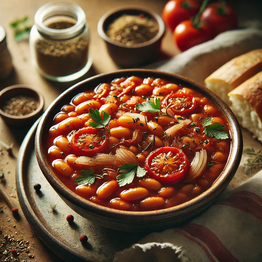 A rustic bowl of vegetarian baked beans with a thick, glossy sauce, garnished with fresh herbs. The dish is surrounded by a side of crusty bread and a small jar of spices, creating a cozy, home-cooked atmosphere with warm natural lighting.