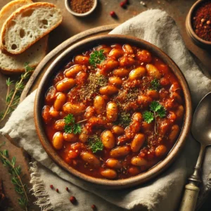 Top-down view of a rustic bowl of vegetarian baked beans in a thick, tomato-based sauce, topped with fresh herbs. Surrounded by a linen napkin, crusty bread, and a spoon, this cozy scene is enhanced by warm, natural lighting, creating a homey and inviting feel