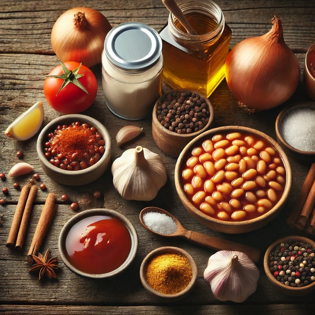 A warm, cozy arrangement of ingredients for vegetarian baked beans on a rustic wooden surface. Includes a can of beans, bowl of tomato sauce, whole onions, garlic cloves, olive oil, a jar of maple syrup or honey, apple cider vinegar, mustard powder, smoked paprika, salt, and pepper, all displayed naturally without text or labels