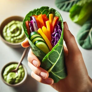 Rainbow Raw Veggie Wrap filled with colorful vegetables including bell peppers, carrots, cucumber, and purple cabbage, wrapped in a collard green leaf and drizzled with creamy avocado dip sauce.