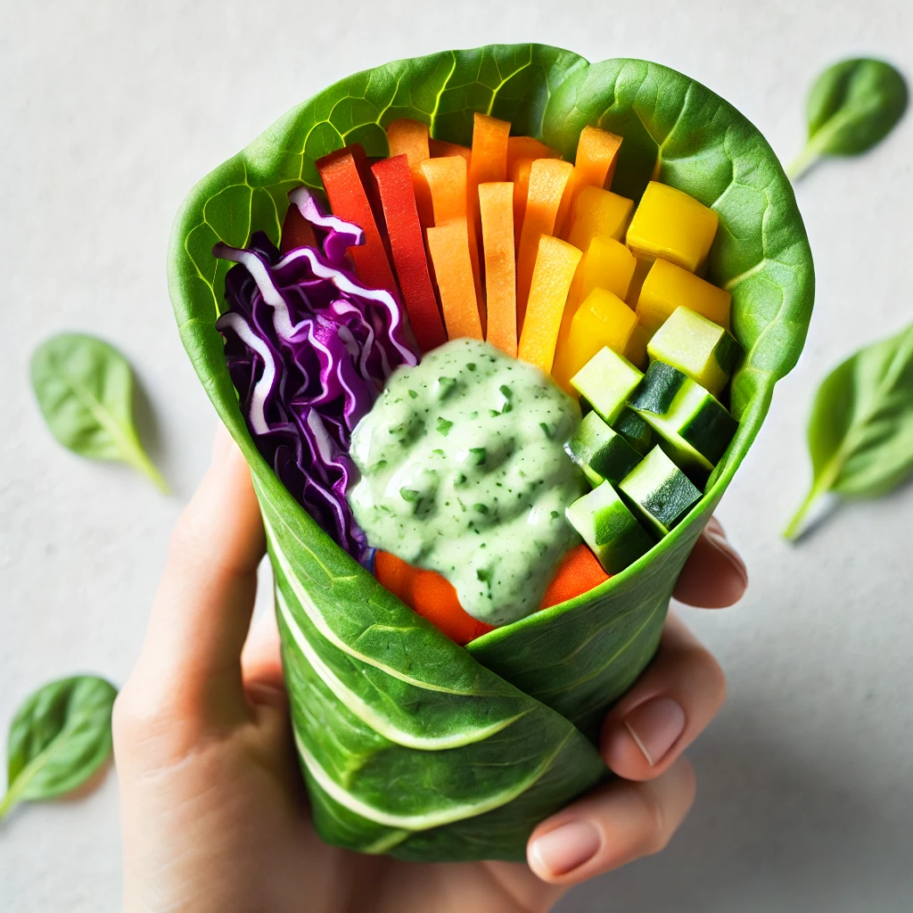 Top-angle view of a small Rainbow Raw Veggie Wrap filled with colorful vegetables including bell peppers, carrots, cucumber, and purple cabbage, wrapped in a collard green leaf and drizzled with creamy avocado dip sauce. The wrap is displayed on a bright, minimalist background highlighting its fresh and vibrant appearance.