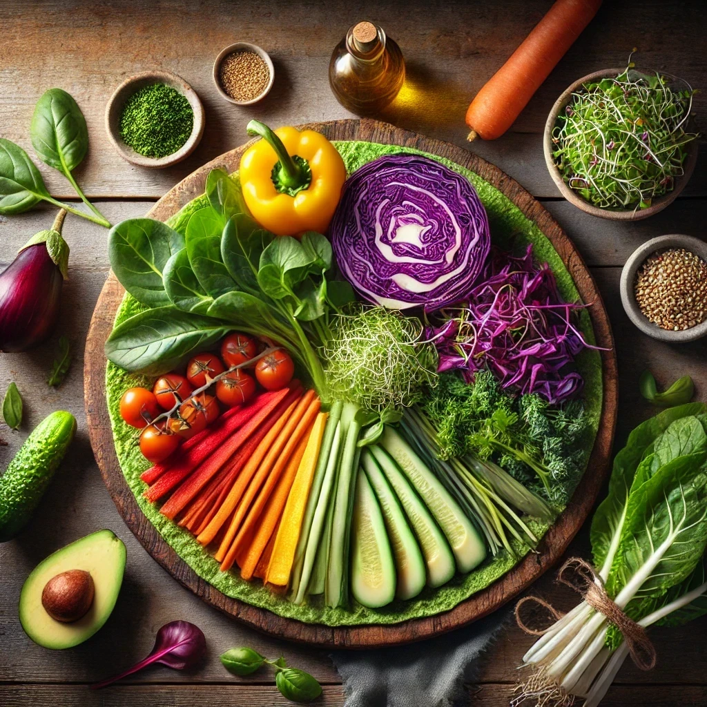 Top view of fresh ingredients for a Rainbow Raw Veggie Wrap arranged on a rustic wooden surface. The display includes collard green leaves, vibrant bell peppers, carrots, cucumber, purple cabbage, avocado slices, sprouts or microgreens, and an additional fresh ingredient. The warm lighting highlights the natural textures and vibrant colors of each vegetable, creating a cozy, inviting atmosphere