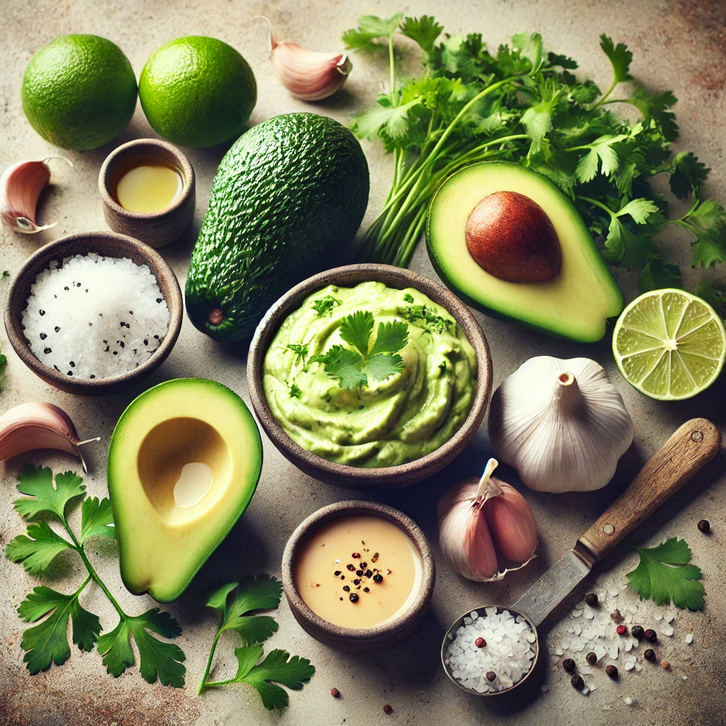 An inviting arrangement of ingredients for a creamy avocado dip displayed on a rustic surface. The image includes a whole avocado, a small bowl of lime juice, a garlic clove, fresh cilantro sprigs, salt, pepper, and a small bowl of water, with warm lighting highlighting the natural textures and freshness.