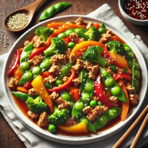 A vibrant plate of ground turkey and vegetable stir-fry with colorful vegetables like bell peppers, broccoli, carrots, and snap peas, all coated in a savory sauce and garnished with sesame seeds. Served in a white dish on a wooden table with chopsticks beside it.