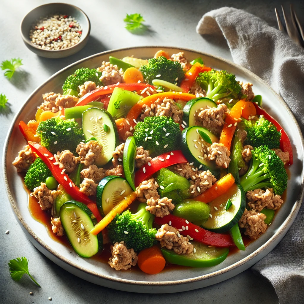 Plate of Ground Turkey and Vegetable Stir-Fry with lean ground turkey, colorful vegetables like bell peppers, broccoli, carrots, and zucchini, garnished with green onions and sesame seeds. The dish is presented with bright, fresh lighting, emphasizing the vibrant colors and healthy appeal of the meal.