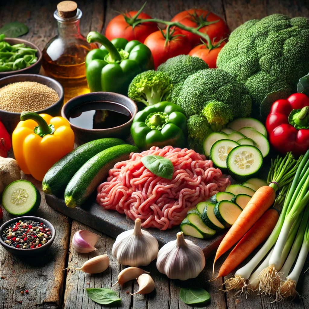 An inviting display of fresh ingredients for Ground Turkey and Vegetable Stir-Fry, including raw ground turkey, sliced bell peppers, broccoli florets, carrots, zucchini, garlic cloves, fresh ginger, a bowl of soy sauce, green onions, and sesame seeds, arranged on a rustic wooden surface with warm lighting.