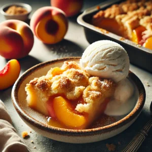 A close-up shot of a slice of peach cobbler served in a small bowl, with a golden, crumbly texture. Beside it, there is a dollop of dairy-free whipped cream, creating a warm and comforting vibe, highlighted by natural light