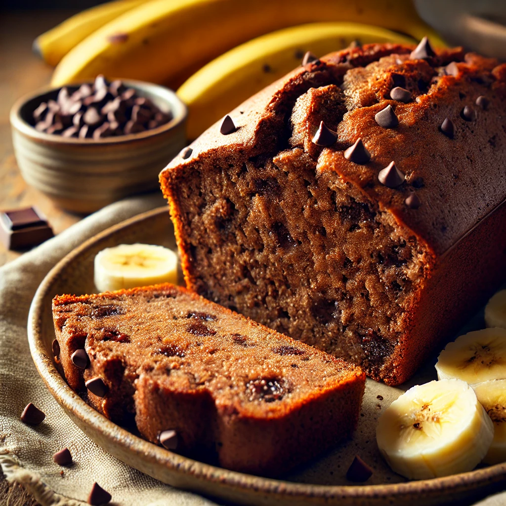 Close-up of a sliced banana bread loaf with a rich, moist chocolatey texture. The loaf is garnished with scattered chocolate chips and fresh banana slices, creating a cozy, inviting atmosphere