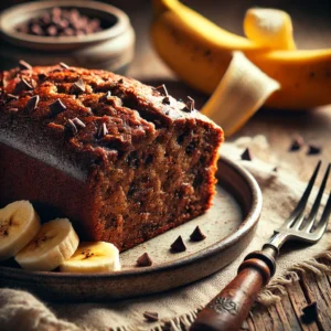 Slice of moist, chocolatey banana bread on a rustic plate with a fork beside it, surrounded by scattered chocolate chips and banana slices. Warm natural lighting and a cozy cloth create a homey, inviting atmosphere