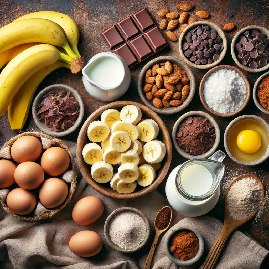 Flat-lay image of ingredients for healthy banana bread chocolate, including ripe bananas, almond flour, cocoa powder, eggs, melted coconut oil, milk, baking soda, baking powder, vanilla extract, salt, and chocolate chips. Ingredients are displayed in small bowls or scattered naturally on a rustic background, with warm, inviting lighting creating a cozy atmosphere