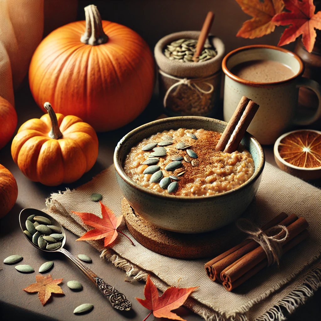 A cozy fall arrangement featuring a bowl of Pumpkin Spice Oatmeal surrounded by a cinnamon stick, scattered pumpkin seeds, a small pumpkin, and autumn leaves. A warm-toned cloth napkin, spoon, and a cup of coffee or tea in the background enhance the seasonal, comforting atmosphere.