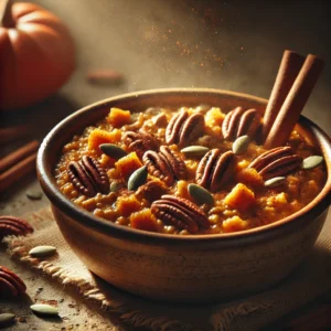 Close-up of a warm bowl of Pumpkin Spice Oatmeal, beautifully lit with soft, natural light that highlights the rich, earthy tones of the pumpkin and spices. Topped with chopped pecans, pumpkin seeds, and a sprinkle of cinnamon, creating a cozy autumn feel