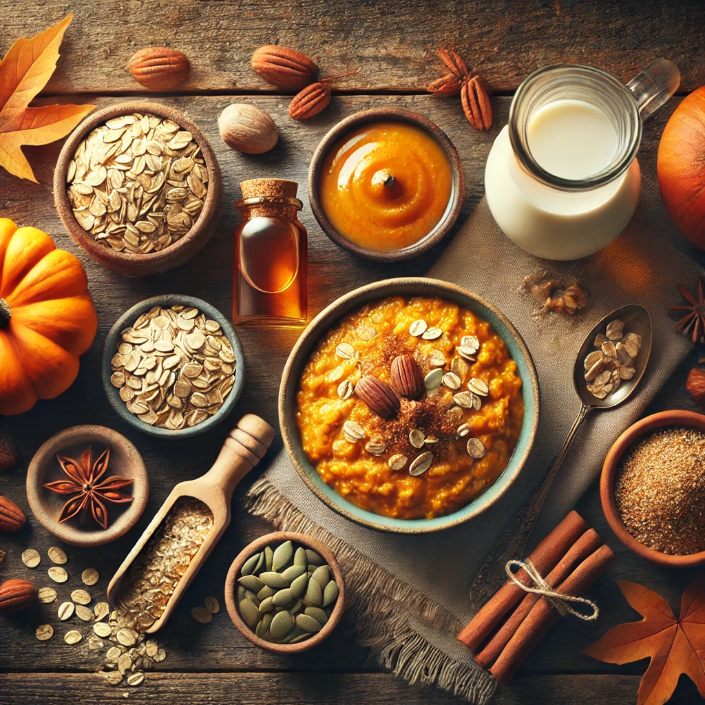 Flat lay of ingredients for Pumpkin Spice Oatmeal on a rustic wooden surface, including rolled oats, pumpkin puree, almond milk, maple syrup, pumpkin spice mix with cinnamon sticks, salt, chopped pecans, and pumpkin seeds. Autumn elements like a small pumpkin and fall leaves add a cozy, seasonal touch