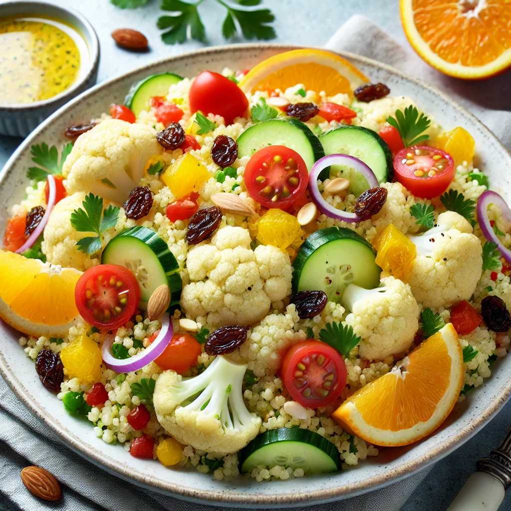 A vibrant plate of raw cauliflower couscous salad with citrus dressing, featuring finely processed cauliflower, cherry tomatoes, red bell pepper, cucumber, red onion, chopped parsley, mint, garnished with golden raisins and almonds, with orange and lemon slices on the side. The salad looks fresh, colorful, and healthy