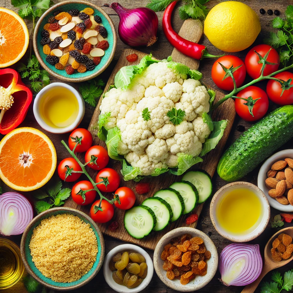 A top-down view of ingredients for making raw cauliflower couscous salad with citrus dressing. The ingredients include a head of cauliflower, quartered cherry tomatoes, diced red bell pepper, cucumber, chopped red onion, fresh parsley, mint leaves, golden raisins, sliced almonds, an orange, a lemon, a bottle of olive oil, honey, and small bowls of salt and black pepper, all neatly arranged on a bright kitchen surface