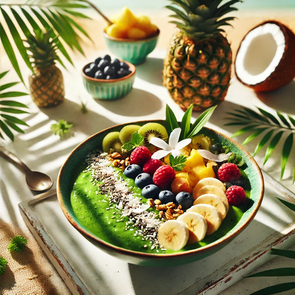 A Tropical Green Smoothie Bowl on a breakfast table, surrounded by tropical decorations including a small pineapple, palm leaves, and a glass of coconut water. Sunlight streams through a window, creating a warm, tropical morning atmosphere