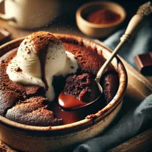 Warm chocolate cake pudding in a rustic baking dish, with a spoon scooping out a gooey portion, topped with whipped cream and melting vanilla ice cream, sprinkled with cocoa powder and chocolate shavings, evoking a cozy winter atmosphere